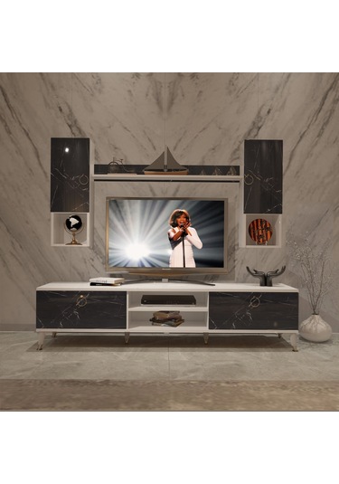 Decoraktiv Eko 5da Mdf Dvd Gold Tv Ünitesi Tv Sehpası Beyaz - Siyah Mermer