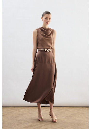 Sateen Yüksek Bel Saten Etek - Kahve-136782 Kahve
