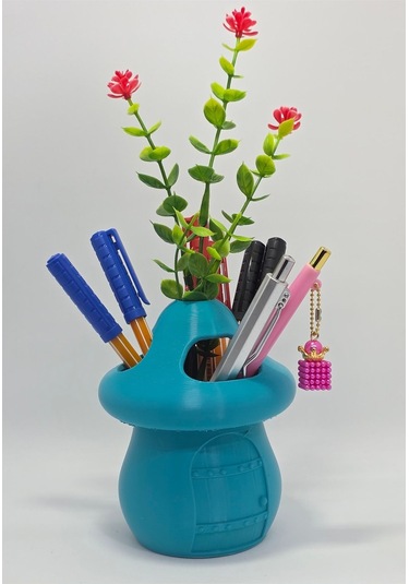 Kalemlik Turkuaz Sima Mantar Çiçekli Üç Gözlü Kalemlik Düzenleyici Turkuaz