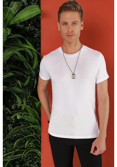Slim Fit Bisiklet Yaka Düz Pamuklu Beyaz Tişört Ts 823 Beyaz
