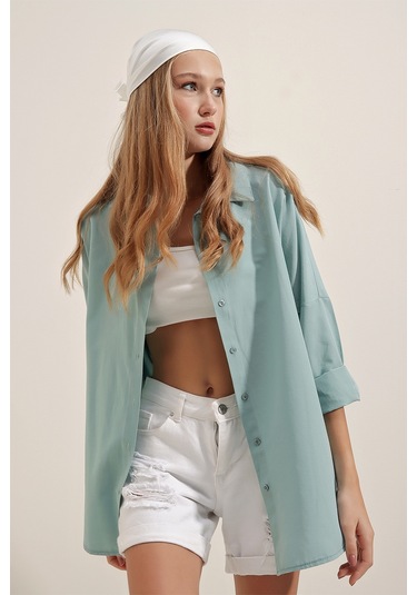 Bigdart 3900 Oversize Uzun Basic Gömlek - Su Yeşili 001