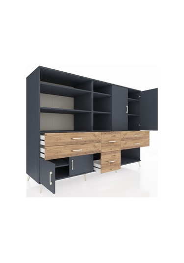 Kronos Dolap 10 Raflı 6 Çekmeceli 4 Kapaklı 220x59x163 Antrasit-a Antrasit-antrasit/çam