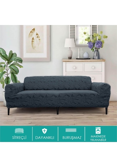 Jakarlı Sehra Desen 3 3 1 1 Lastikli Kanepe Örtüsü Lastikli Koltuk Örtüsü Koltuk Kılıfı Takımı Antrasit