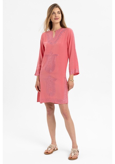 Pembe İşlemeli Uzun Kollu Astarsız Pamuklu Kısa Elbise-pembe