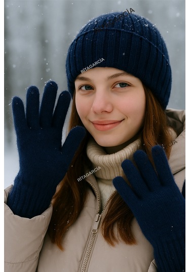 Peluş Uzun Eldiven Lacivert