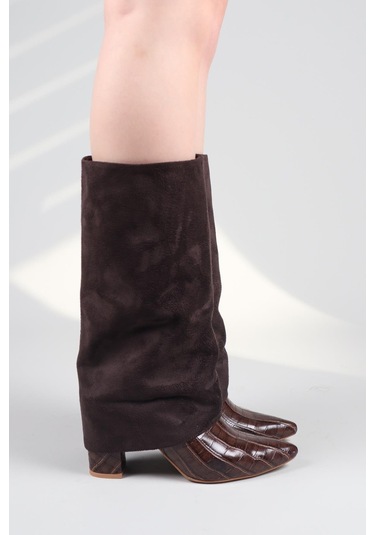 Selora Süet-kroko Garnili Topuklu Çizme Kahverengi-8554 Kahverengi