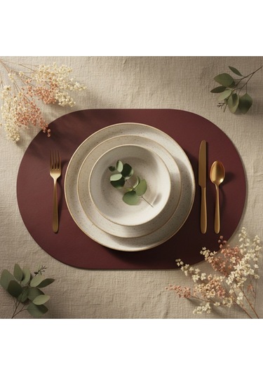 2 Adet Bordo Deri Amerikan Servis Tam Oval 33x44 Cm