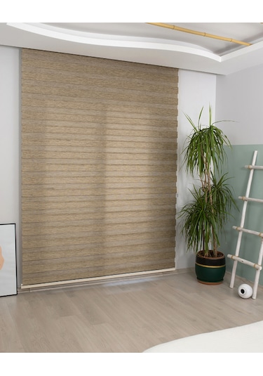Bambu Kumaş Krem Zebra Stor Perde Kahverengi Alüminyum Kasalı Kahverengi