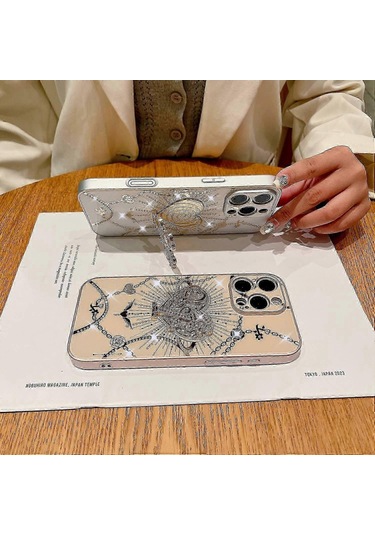 İphone Uyumlu 16 Pro Max Kılıf Kickstand Tpu+pc Rhinestones Dekor Telefon Kılıfı - Beyaz