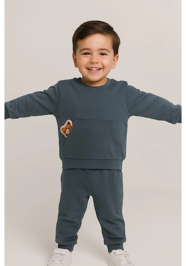 Erkek Çocuk Ayıcık Detaylı 2 Li Takım %100 Pamuk Füme