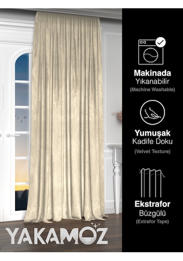 Yakamoz Kadife Görünüm Ekru Ada Fon Perde Ekstraforlu Velvet Touch Serisi Ekru