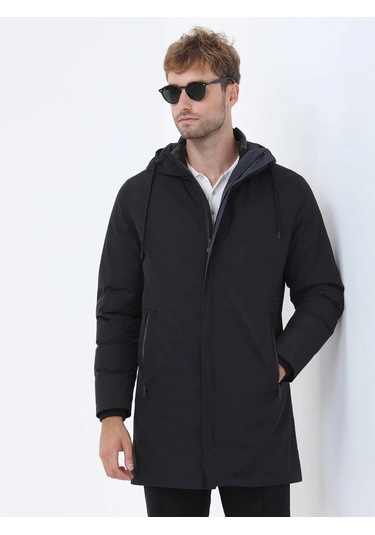 Siyah Regular Fit Kapüşonlu Casual Dokuma Pardesü Siyah