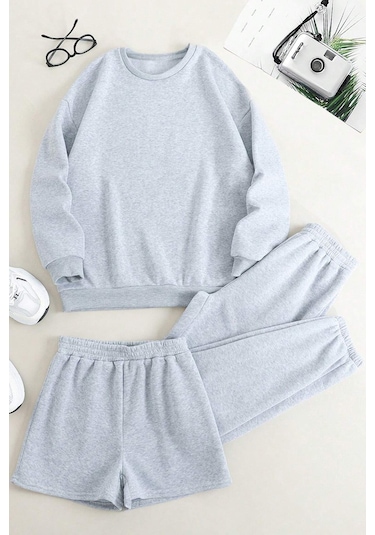 3'lu Sweat Short Eşofman Altı Takım Gri