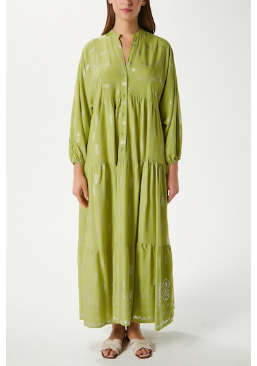 Modest Kadın Aliza Gümüş Detay %100 Viskon Yeşil Maksi Boy Yazlık Elbise Yeşilgümüş Çok Renkli