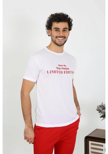 Lenaca Erkek Kısa Kol Penye Beyaz Pijama Takımı Beyaz