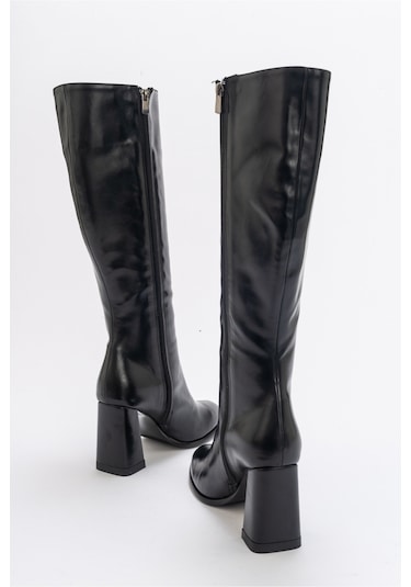 Luvishoes Decer Siyah Cilt Kadın Topuklu Çizme Siyah
