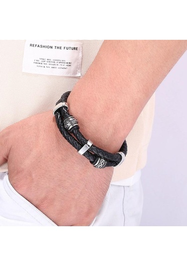 Viking Tarzı İskandinav Runeleri Muska Çift Katmanlı Paslanmaz Çelik Erkek Deri Bileklik İskandinav Mitolojisi Takıları Bb1355 Siyah