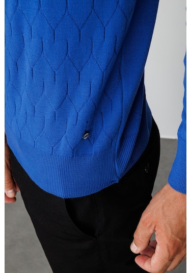 Saks Standart Fit Dar Kalıp Yarım Balıkçı Düz Uzun Kollu Triko-10086 Mavi