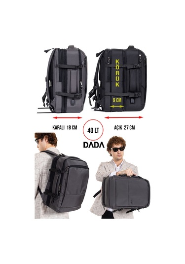 Dada USB Type-C Girişli Fonksiyonel Laptop Sırt ve Seyahat Çantası Gri 15,6 İnç 40 Litre