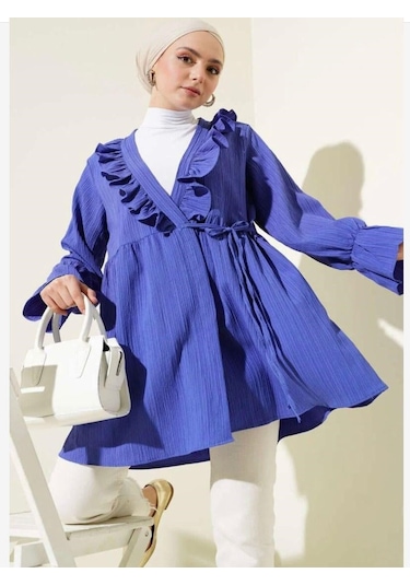 Lovie Moda Kadın Yaka Fırfırlı Kimono Mavi