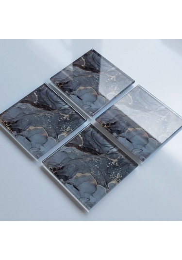 Decorita Cam Bardak Altlığı Gri Gold Mermer 4'lü Takım 10 x 10 CM Gri