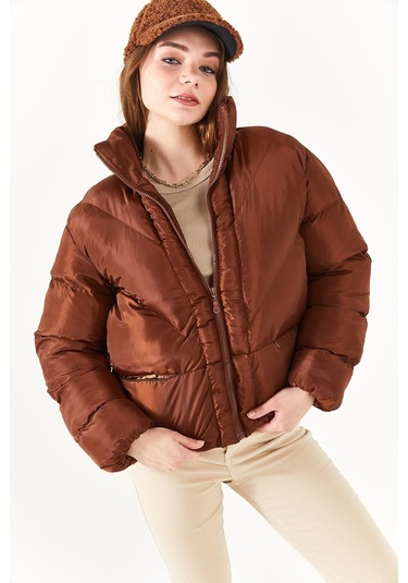 Alisse-kadın Kahve Dik Yaka Kısa Şişme Mont Kahverengi