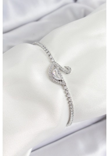 Pirinç Gümüş Renk Zirkon Taşlı Kuğu Model Kadın Bileklik Altın