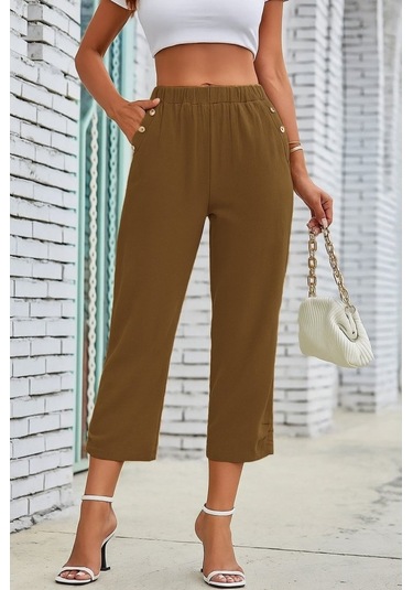 Simala Kadın Beli Lastikli Düğme Ve Cep Detaylı Kapri Ithal Keten Pantolon Hardal