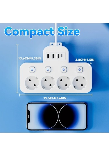 Honeybeeshop Beyaz 1 5m 5ft 4 Standart Eu Prizli 3 Usb A 1 Usb C Portlu Guvenli Priz Kisa 5 10 15 Ayak Uzatma Kablosu Ev Ofis Seyahat Uygun