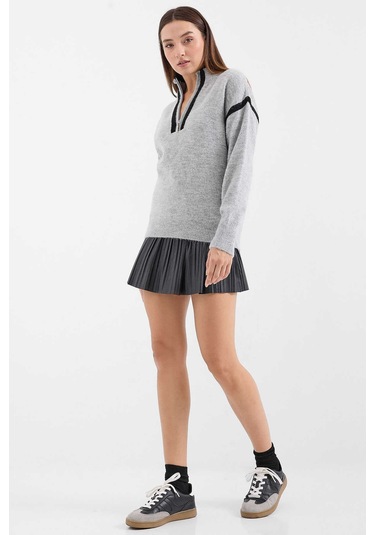 Gabria Fermuarlı Şeritli Kazak Gri