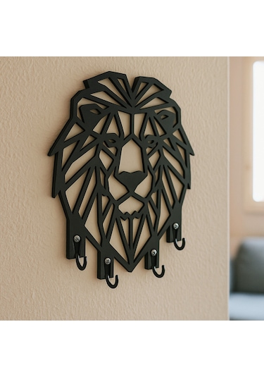 Aslan Figürlü Duvar Tipi Dekoratif Anahtarlık Askılığı Siyah - Beyaz