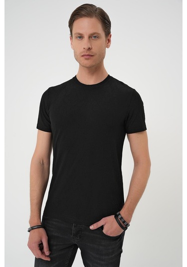 Comfort Fit Bisiklet Yaka Kabartma Desenli Casual Siyah Tişört Ts 899 Siyah