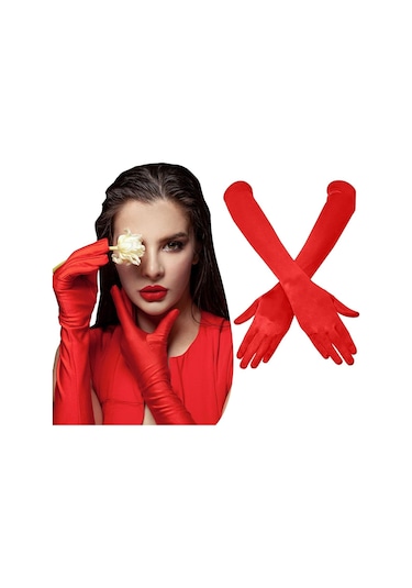 Uzun Boy Parlak Esnek Likralı Eldiven 40 Cm - 1 Çift - Kırmızı Çok Renkli