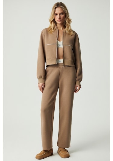 Sharıd Kadın Relaxed Biyeli Geniş Paça Vizon Eşofman Altı