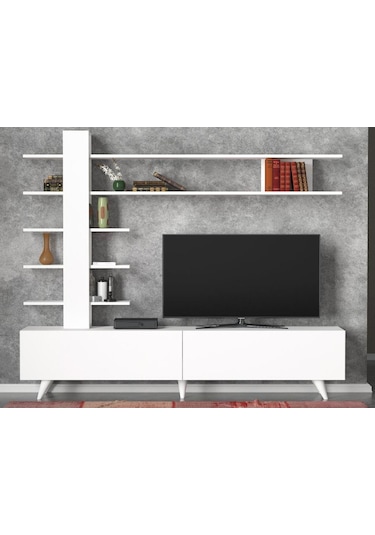 Dekorister Aleyna Duvar Raflı Kitaplıklı Tv Ünitesi Beyaz