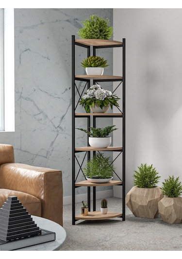 Çiçeklik Kitaplık 6 Raflı Ceviz Atlantik Çam
