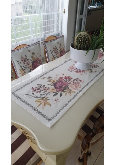 Çiçekli Duck Bezi Leke Tutmaz Runner ve İkili Kırlent