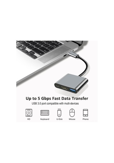 Reedark Usb-c'den Hdmı'ye 3'lü Dönüştürücü: 4k Ultra Hd Video + Usb 3.0 Veri Transferi + Usb-c Şarj Portu, Siyah