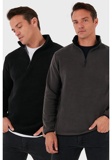 Buratti Slim Fit Yarım Fermuarlı Dik Yaka 2'Li Paket Erkek Polar 5906003S2 Füme-Siyah