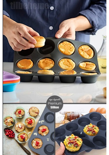 Tilbe Home 12'li Silikon Muffin Kalıbı Kurabiye Tatlı Kalıbı Yapışmaz Gıdaya Uygun Pişirme Cupcake K Siyah