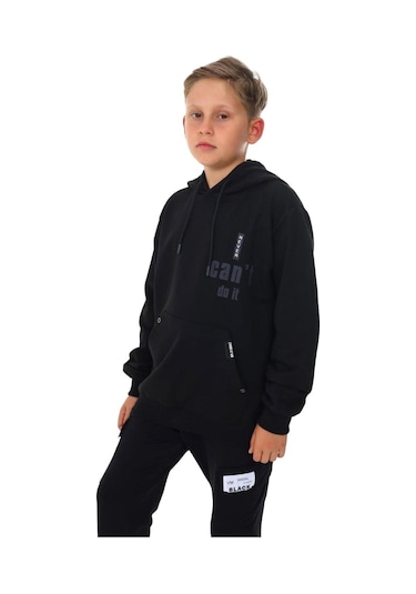 Erkek Çocuk Kapüşonlu Kanguru Cepli Can't Do It Yazılı Sweatshirt-13386-siyah Siyah