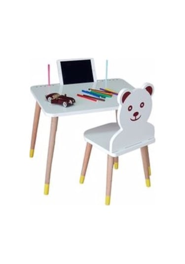 LİVA AHŞAP Çocuk Aktivite Masa Sandalye Takımı Tekli Ayıcıklı Beyaz - Sarı