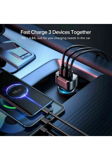 Springsun 30w Pd 3 Lü Usb Araç Şarj Cihazı, 2.4a Hızlı Şarj, Type-c + 2 Usb, İphone, İpad, Android Uyumlu, Siyah