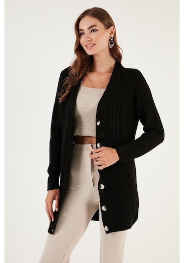 Lela Regular Fit V Yaka Düğmeli Triko Örme Uzun Bayan Hırka 4615044 Siyah