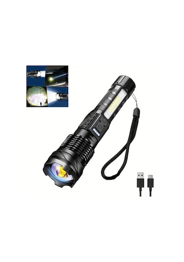 Valkyrie Şarjlı 7 Modlu Ultra Güçlü Led El Feneri Çakarlı Çok Fonksiyonlu Zoom 1500mah Siyah