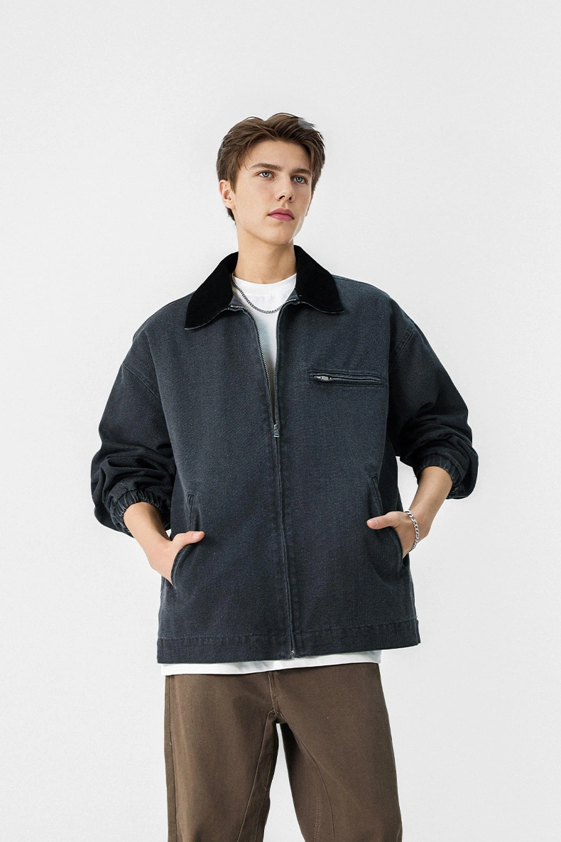 Snapbuy Yıkanmış Denim Ceket, Amerikan Retro Stili, Kontrast Yakalı, Bol Kesim Siyah