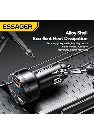 Monyee Essager 105w Süper Hızlı Şarj 2c+a Üç Portlu Alüminyum Sayısal Göstergeli Araç İçi Telefon Şarj Cihazı Siyah Siyah