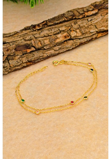 Silvera Telkari Renkli Zirkon Taşlı İki Zincirli Gümüş Bileklik Altın Kaplama Kadın 925 Ayar St373 Gümüş