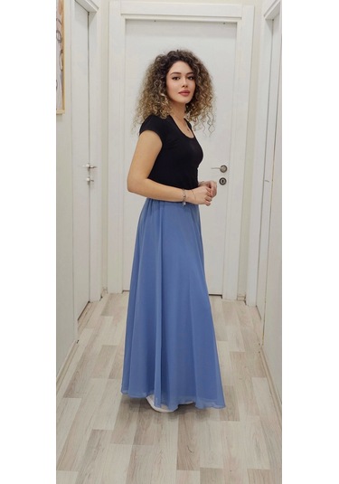 Bel Lastikli Kloş Şifon Etek 6003-indigo İndigo