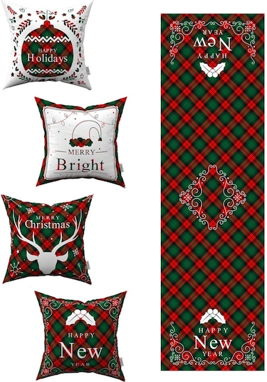 Kırmızı Yeşil Ekose Yılbaşı Temalı 4'lü Kırlent Kılıfı 1 Runner Seti 4kmbs172-rs